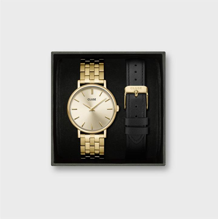 Cluse Pavane Petite 2.0 Steel Watch Gold & Black Leather Strap, Gold Colour (Analogue wristwatch, 33 mm)