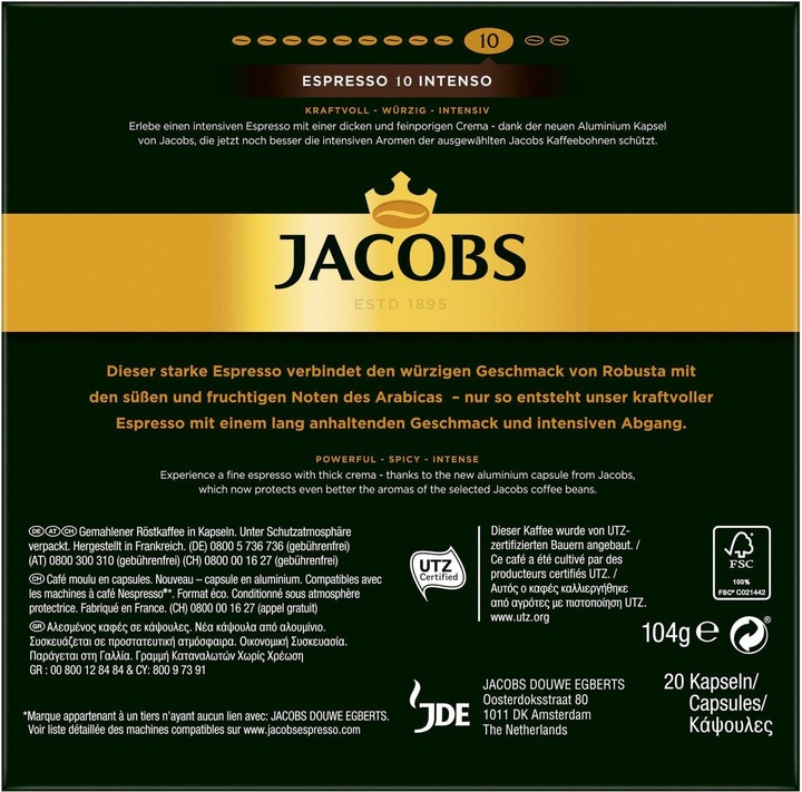 Valeurs nutritives et ingrédients Jacobs Espresso 10 Intenso (1 x Port.)