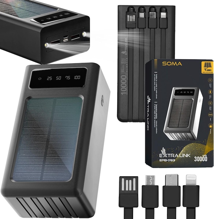 Produktbild Extralink EPB-093 30000mAh Czarny | Powerbank | Solar Power bank, USB-C (30000 mAh, 10 W, 111 Wh)