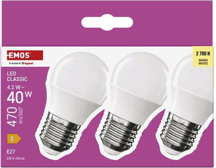 Actual product image Emos LED lamp Classic Mini Globe / E27 / 4.2 W (40 W) / 470 lm / Warm white (E27, 4.20 W, 470 lm, 3 x, E)