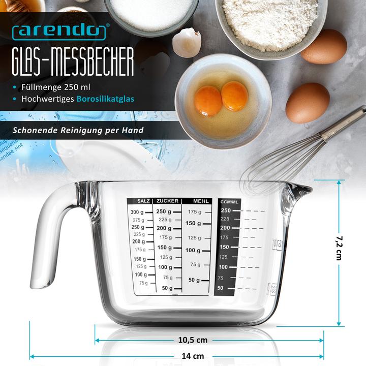Actual product image Arendo Messbecher 250 ml Glas Messkrug, Borosilikatglas, Mikrowellengeeignet, Glas, 0,25 L, Skala (250 ml)