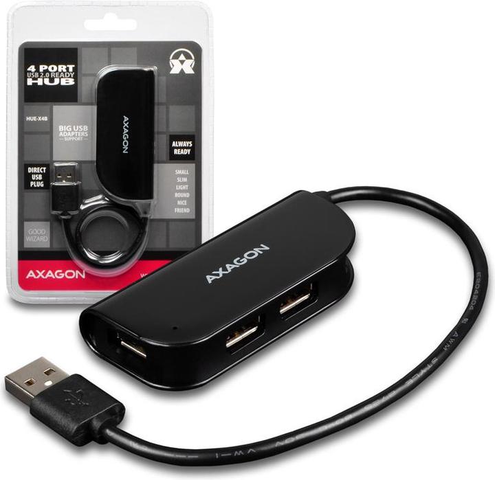 Actual product image Axagon HUE-X4B - USB 2.0 - USB 2.0 - 480 Mbit/s - Black - 0.2 m - USB (USB-A, 4 ports)