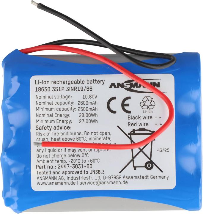 Actual product image Ansmann 3S1P Akkupack 3x 18650 Kabel Li-Ion 10.8 V 2600 mAh (1 pcs., 18650, 2600 mAh)