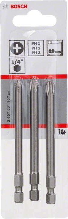 Produktbild Bosch Professional Zubehör Schrauberbit-Set Extra-Hart, 3-teilig, PH1, PH2, PH3, 89 mm (Kreuz Phillips PH)