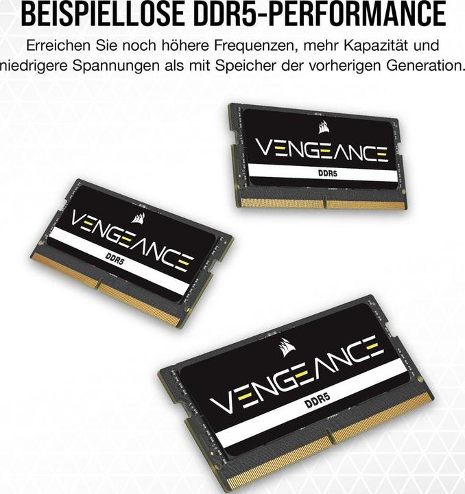 Actual product image Corsair DDR5, 5200MT/s 64GB 2x32GB SODIMM, Unbuffered, 44-44-44-84, Black PCB, Std PMIC, 1.1V, VENGEANCE DDR (2 x 32GB, 5200 MHz, DDR5 RAM, SO-DIMM)