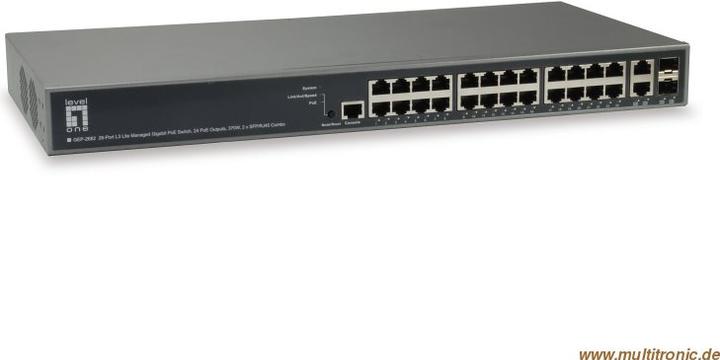 Actual product image LevelOne 26-Port L3 Lite Managed Gigabit PoE Switch 24 PoE Outputs 370W 2 x SFP/RJ45 Combo (26 Ports)