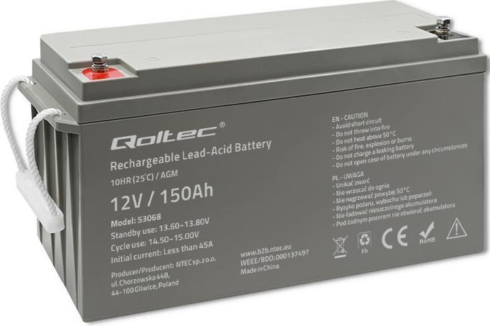 Image du produit Qoltec Batterie AGM | 12V | 150Ah | max. 2250A (12 V, 150 Ah)