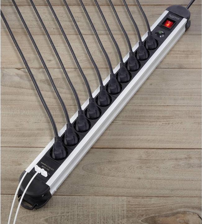 Actual product image Sygonix SY-4755858Overcurrent protection socket strip silver black earthing contact 1 pc. (10x, CEE 7/3, 1.50 m)