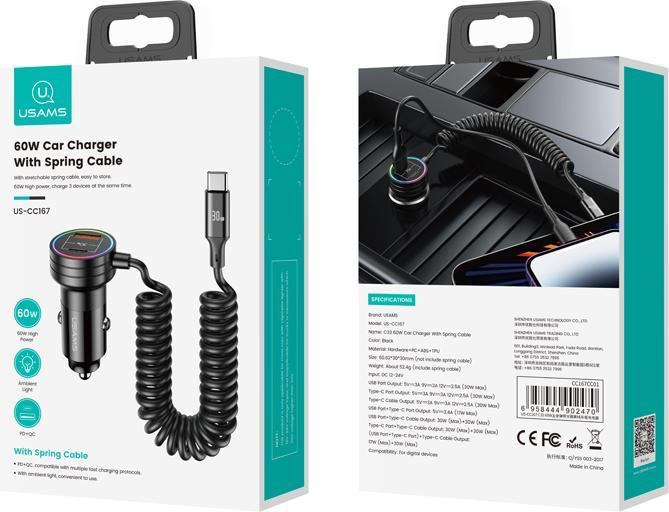 Image du produit Usams Chargeur de voiture avec câble de type C