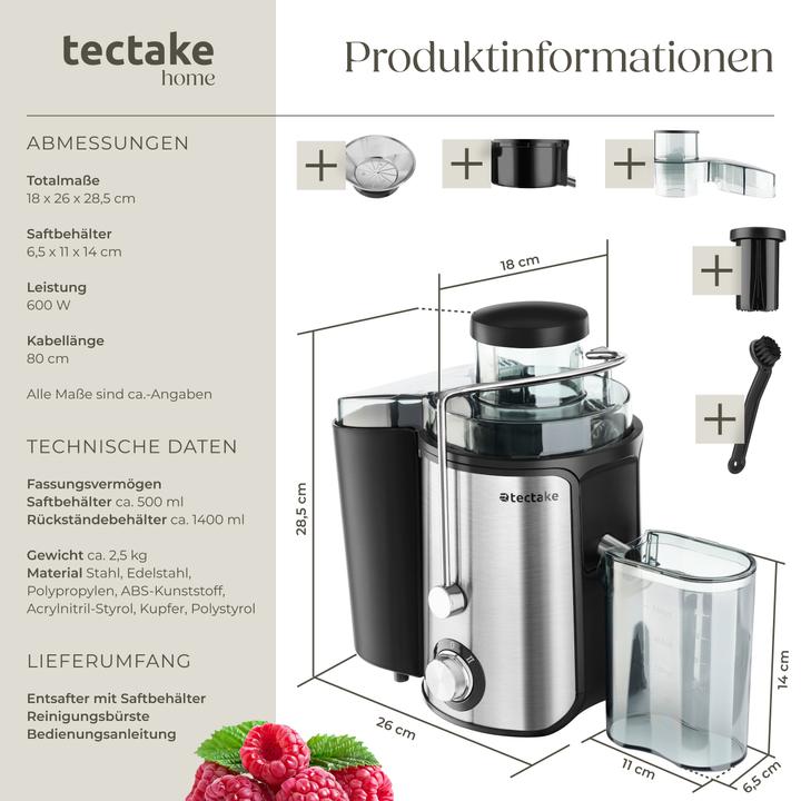 Produktbild tectake Entsafter Frufi, 2 Geschwindigkeitsstufen, Edelstahl, 600W