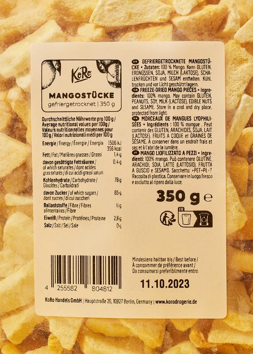 Valeurs nutritives et ingrédients KoRo Mangostücke (350 g)
