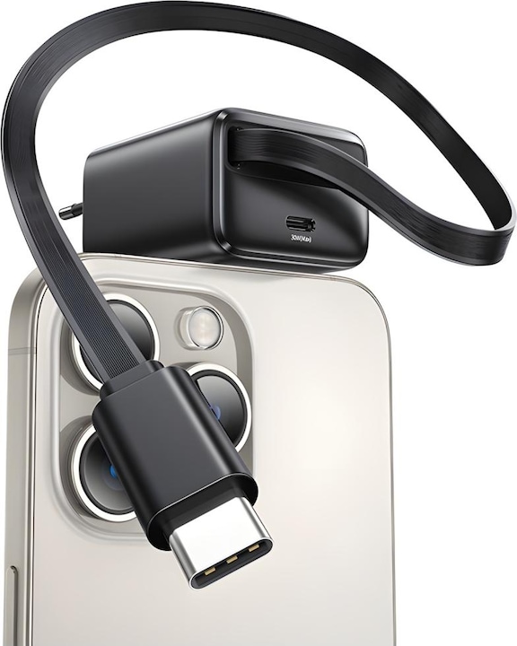 Produktbild Usams Ład. siec. 1xUSB-C ze zwijanym kablem USB-C Retractable PD+QC 30W Gan Fast Charging czarny/bla (30 W)