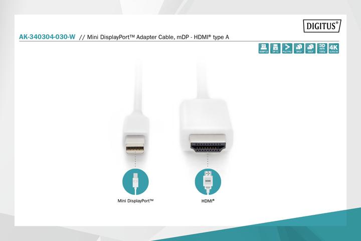 Image du produit Digitus Mini DP cable,mDP - HDMI, 2m (2 m, DisplayPort, HDMI, 1.2)