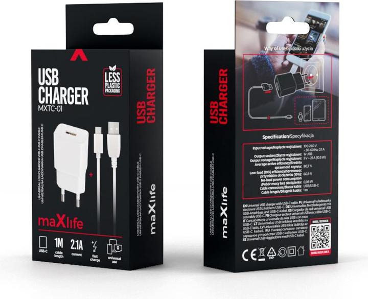 Produktbild Maxlife MXTC-01 Ladegerät 1x USB 2.1A weiss + USB-C Kabel (10.50 W, 1 Port)