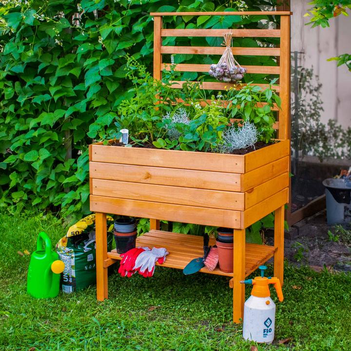 Image du produit Dobar Hochbeet Kubus 2.0 mit Ablage und Pflanzfolie, Hellbraun