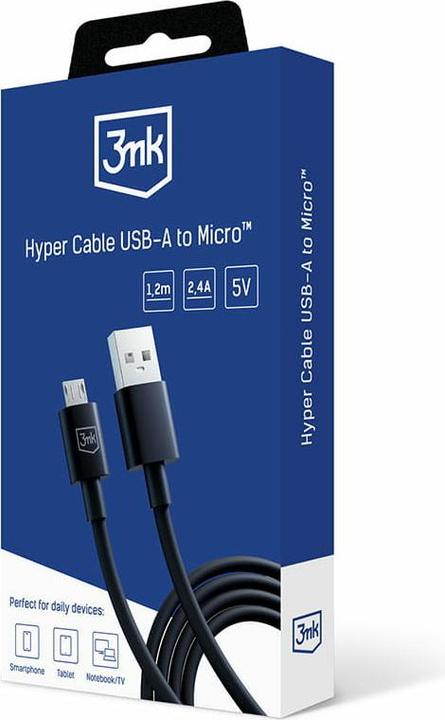 Image du produit 3MK Câble Hyper Cable USB-A - Micro USB 1.2m 5V 2,4A Czarny/Black (1.20 m, USB 3.0, 12 W)