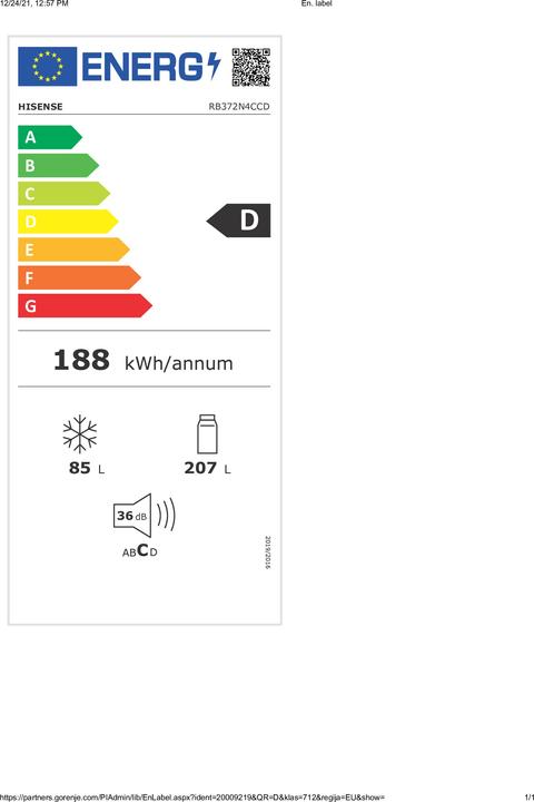 Energie-Label Hisense RB372N4CCD (292 l)