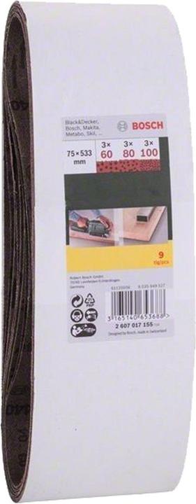 Produktbild Bosch Zubehör Schleifband-Set für Bandschleifer, 9-teilig, 75 x 533 mm, Körnung 60, 80, 100 (60, 80, 100)