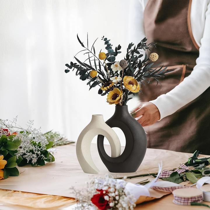 Actual product image Alopini 2er Set Moderne Keramikvasen - Abstraktes Kreuz Design, Boho Chic Donut Blumenvase für