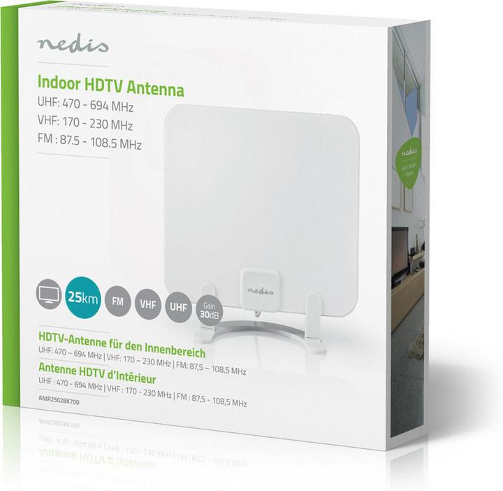 Produktbild Nedis Innenantenne Aktiv FM/UHF/VHF Empfangsbereich: 0-25 km LTE700 Verstärkung dBi (bei Antennenkab (Zimmerantenne, 30 dB, UKW / MW / LW, DAB/ DAB+, DVB-T / -T2)