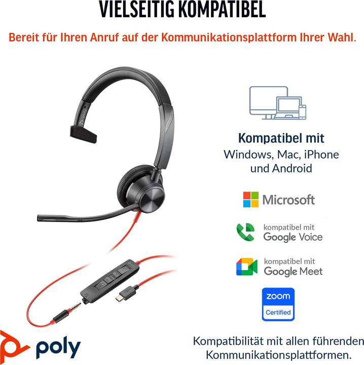 Immagine prodotto Poly Blackwire 3315 Cuffia USB-C monoaurale certificata Microsoft Teams +3,5 mm + adattatore USB-C/A (Cablato, USB-C, Team Microsoft)