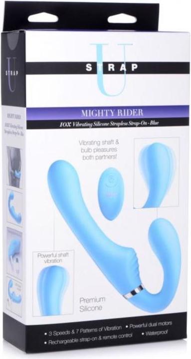 Produktbild XR Brands Mighty Rider Vibrierender halterloser Strapon Blau