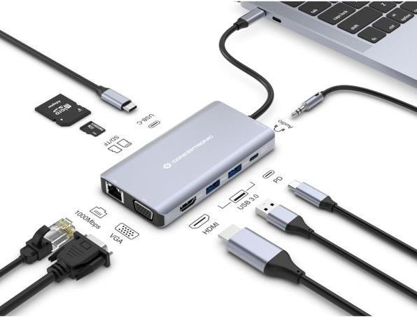 Productafbeelding Conceptronic Dock USB-C->HDMI, USB3.0, 100WPD 10-in-1 0,2m sw (USB-C, 10 ports)
