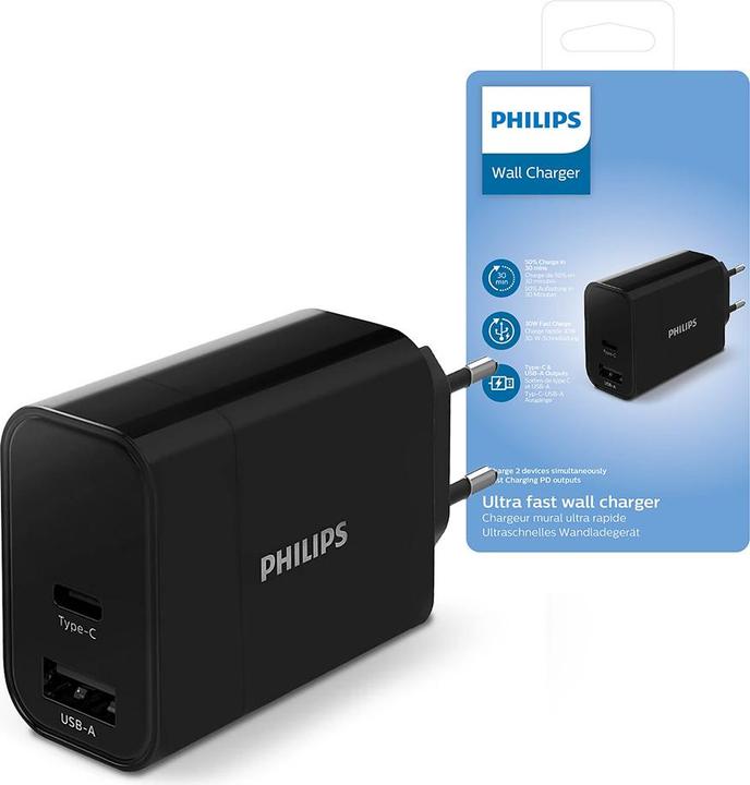 Image du produit Philips 1 USB-A + USB C, 30W (PD, QC) EU Plug (30 W, 2 ports)