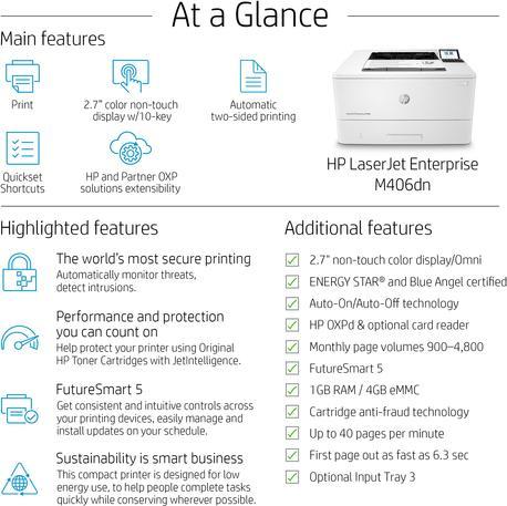 Image du produit HP LaserJet Enterprise M406dn (Laser, Noir et blanc)