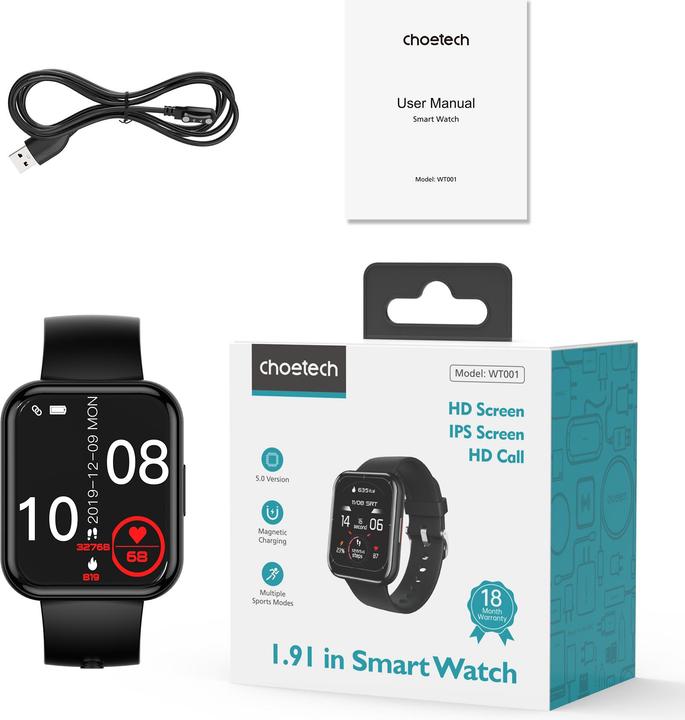 Produktbild Choetech WT001 smartwatch with IP67 call answering function - black