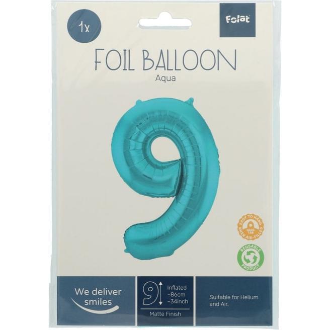Thumbnail - Folat Folienballon Zahl 9 Pastell Aqua Metallic Matt - 8