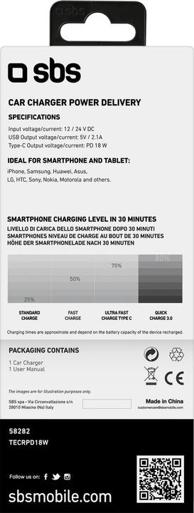 Image du produit SBS PD Chargeur allume-cigare 1x USB type C 18W+ 2.1A blanc