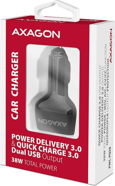 Actual product image Axagon PWC-PQ38 Car charger, 1x USB-A QC 3.0 + 1x USB-C PD, 38W, CL connector - black