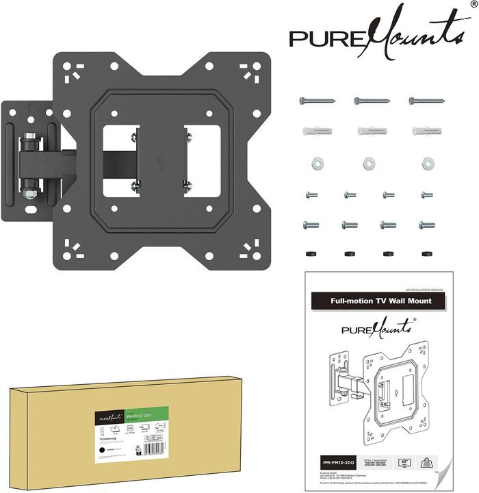 Image du produit PureMounts Wandhalterung PM-FM13-200 Schwarz (Mur, 30 kg, 23" - 43")