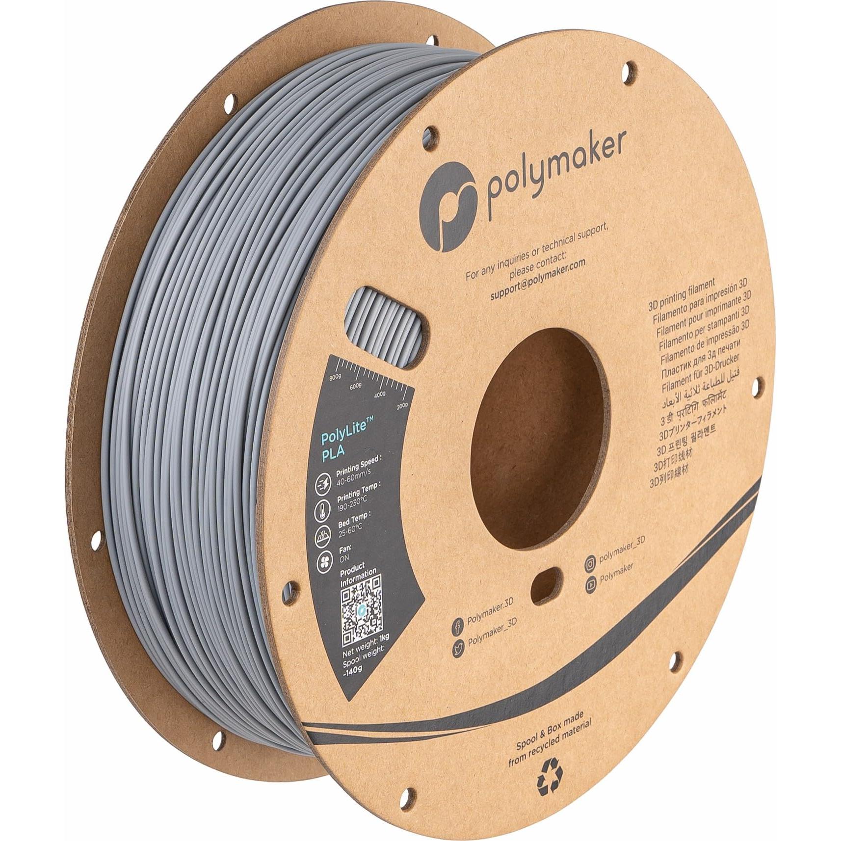 Polymaker PolyLite PLA V2 - Grey - 1.75mm (PLA, 1.75 mm, 1000 g, Grau), 3D Filament, Grau