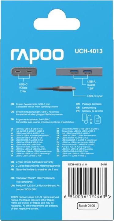 Produktbild Rapoo USB-C Hub UCH-4013 USB-C auf USB-A und USB-C, grau (00226496) (USB-C, 4 Ports)