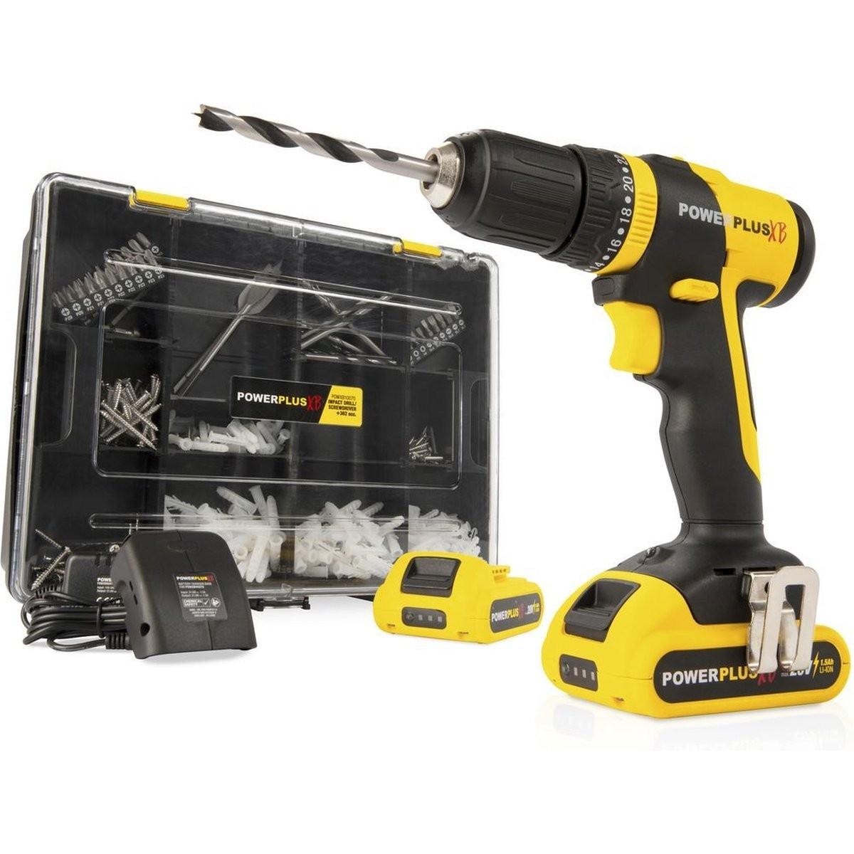 Powerplus, Trapano + Avvitatore a batteria, Trapano a percussione brushless 20V 30Nm - incluse 2 batterie 20V 1.5Ah - 362 Acc.