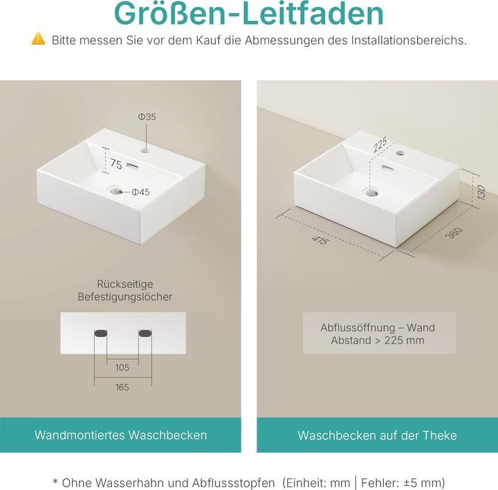 Produktbild Emke Aufsatzwaschbecken Keramik Waschbecken Eckiger Hängewaschbecken Waschtisch, Modernes Design für (415 mm, 360 mm)
