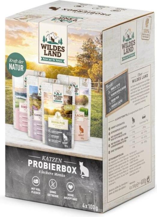 Actual product image Wildes Land Fel Adult Pouch Probierbox, Nassfutter für Katzen (4x100g) (Adult, 4 pcs., 400 g)