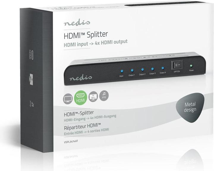 Actual product image Nedis VSPL3474AT. Video port type: HDMI, User output: 4x HDMI. Product colour: Black, HD type: 4K Ultra