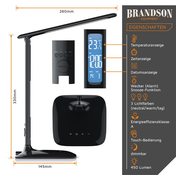 Produktbild Brandson dimmbare LED Schreibtischlampe - 3 Lichtfarben kalt warm neutralweiss mit 5 Helligkeitsstufen (450 lm)