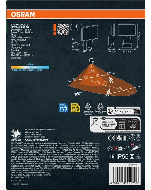 Image du produit Osram ENDURA® PRO FLOOD SENSOR 15W 4000K IP55 Gris foncé (1500 lm, IP55)