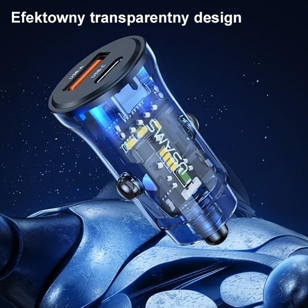 Actual product image Usams 30W Transparent USB-A + USB-C Mini Car Charger