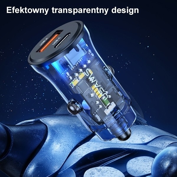 Produktbild Usams 30W Transparent USB-A + USB-C Mini Car Charger
