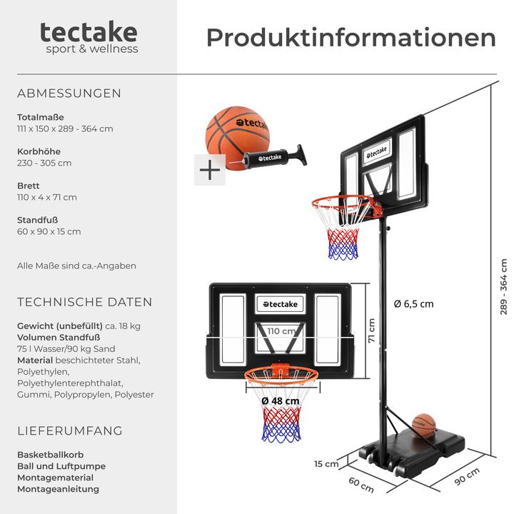 Image du produit tectake Panier de basket Dirk, hauteur de panier 234-302 cm, avec ballon et pompe