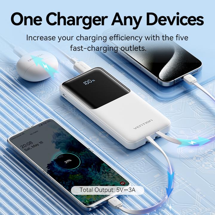 Produktbild Vention 10000mAh Power Bank (Micro-USB + USB-C + USB-A + USB-A) with Built-in USB-C and Lightning Cables 22. (10000 mAh, 22.50 W, 22.50 Wh)