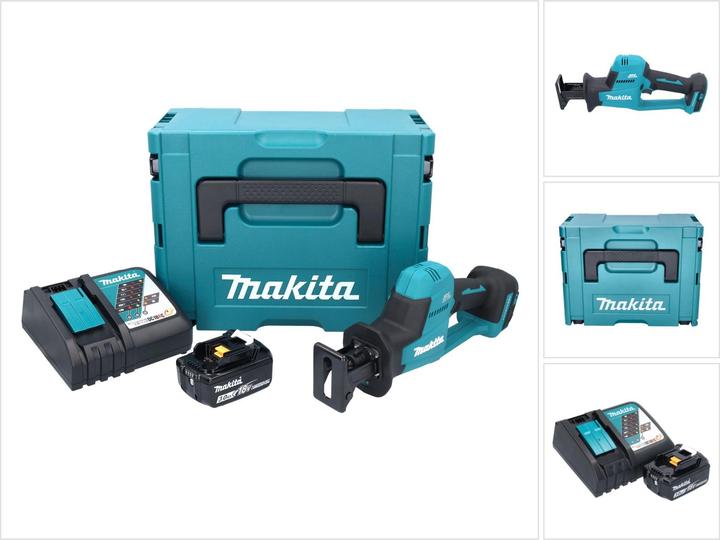 1x Makita DJR 189 cordless Recipro saw, 1x Recipro blade BIM 152, 7-18Z, 1x Recipro blade BIM 152, 6-11T, 1x Recipro blade HCS 203, 6-10Z, 1x Makita BL 1830 B 18 V 3.0 Ah battery, 1x Makita DC 18 RC battery quick charger, 1x Makita MAKPAC plastic case, 1x universal inlay