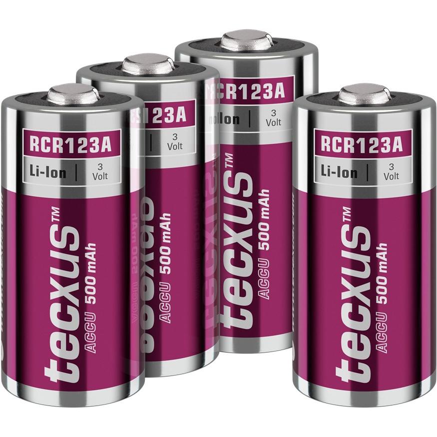 Tecxus RCR123 Akku - 500 mAh, 4 Stk. Karton (4 Stk., RCR123A, 500 mAh), Batterien + Akkus