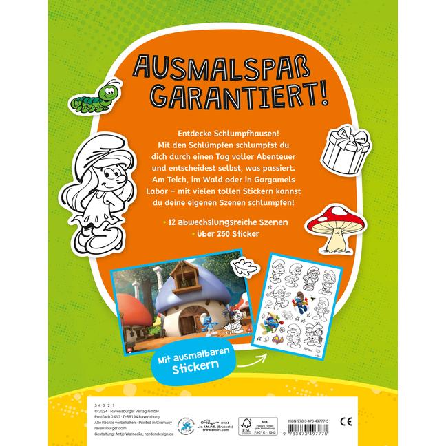 Ravensburger, Sticker, Mein Ausmalstickerbuch Die Schlümpfe – Grosses Buch mit über 250 Stickern, viele