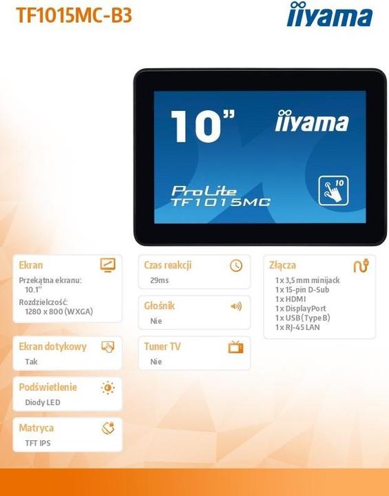 Image du produit iiyama TFT TF1015MC 25.7cm MTOUCH Ei 10.1"/1280x800/10-point/HDMI/DP/VGA/ (1280 x 800 pixels, 10.10")